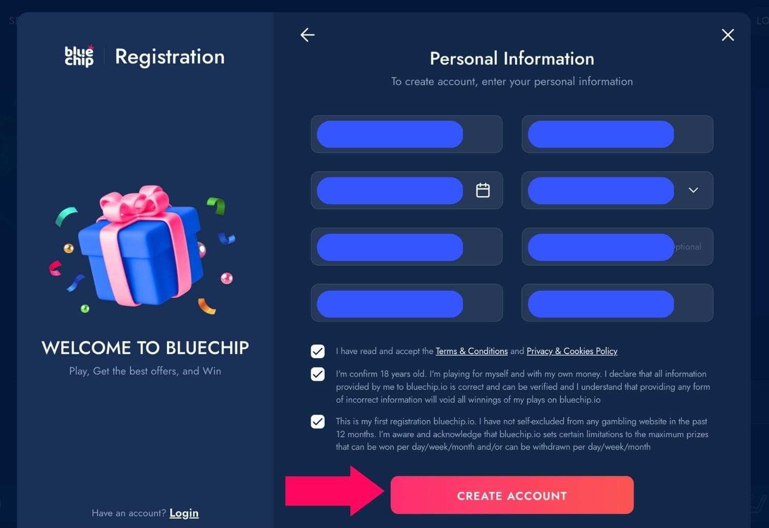 Bluechip Casino completion of registration