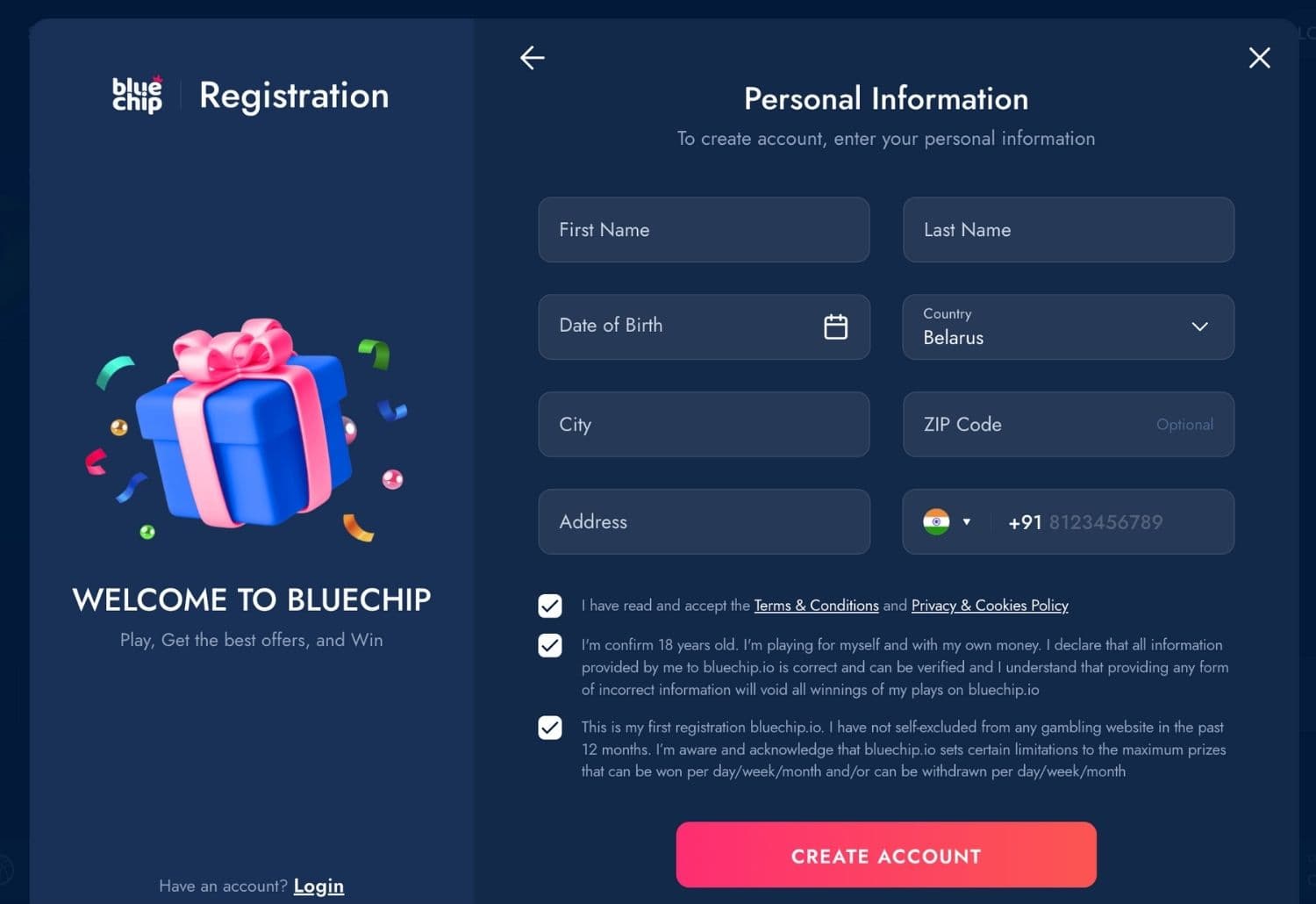 Bluechip Casino India personal information details