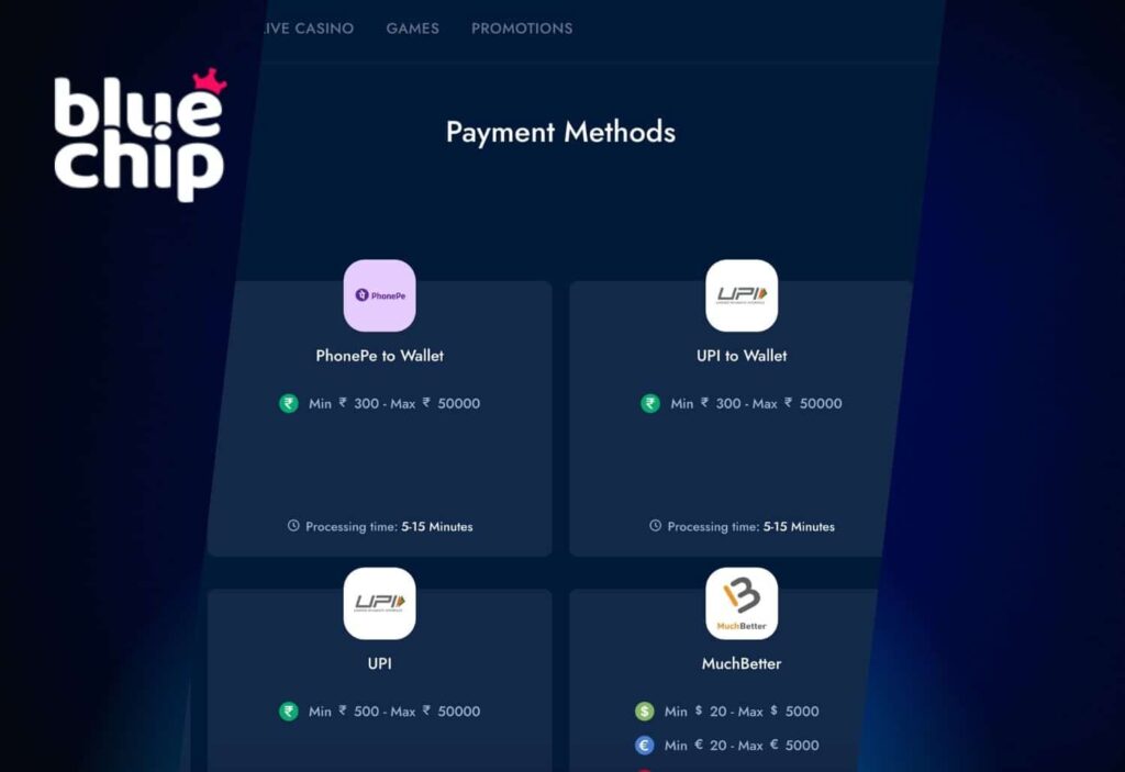 Bluechip India payment methods at Casino platform