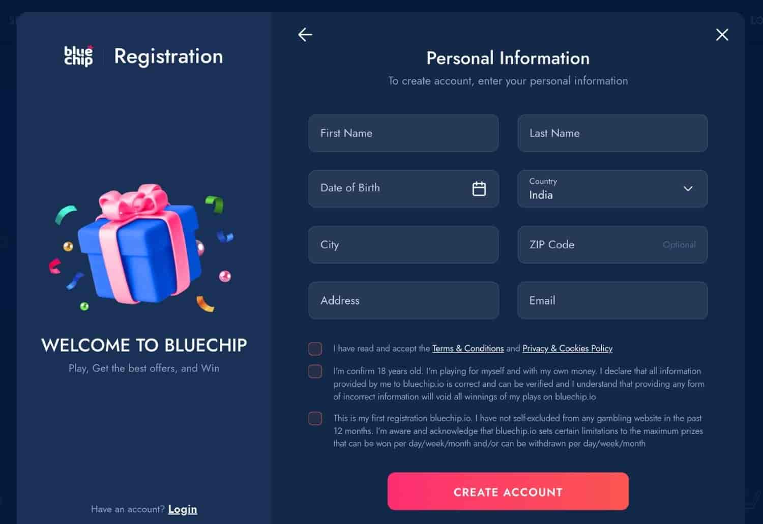 Bluechip Casino India personal information registration form instruction