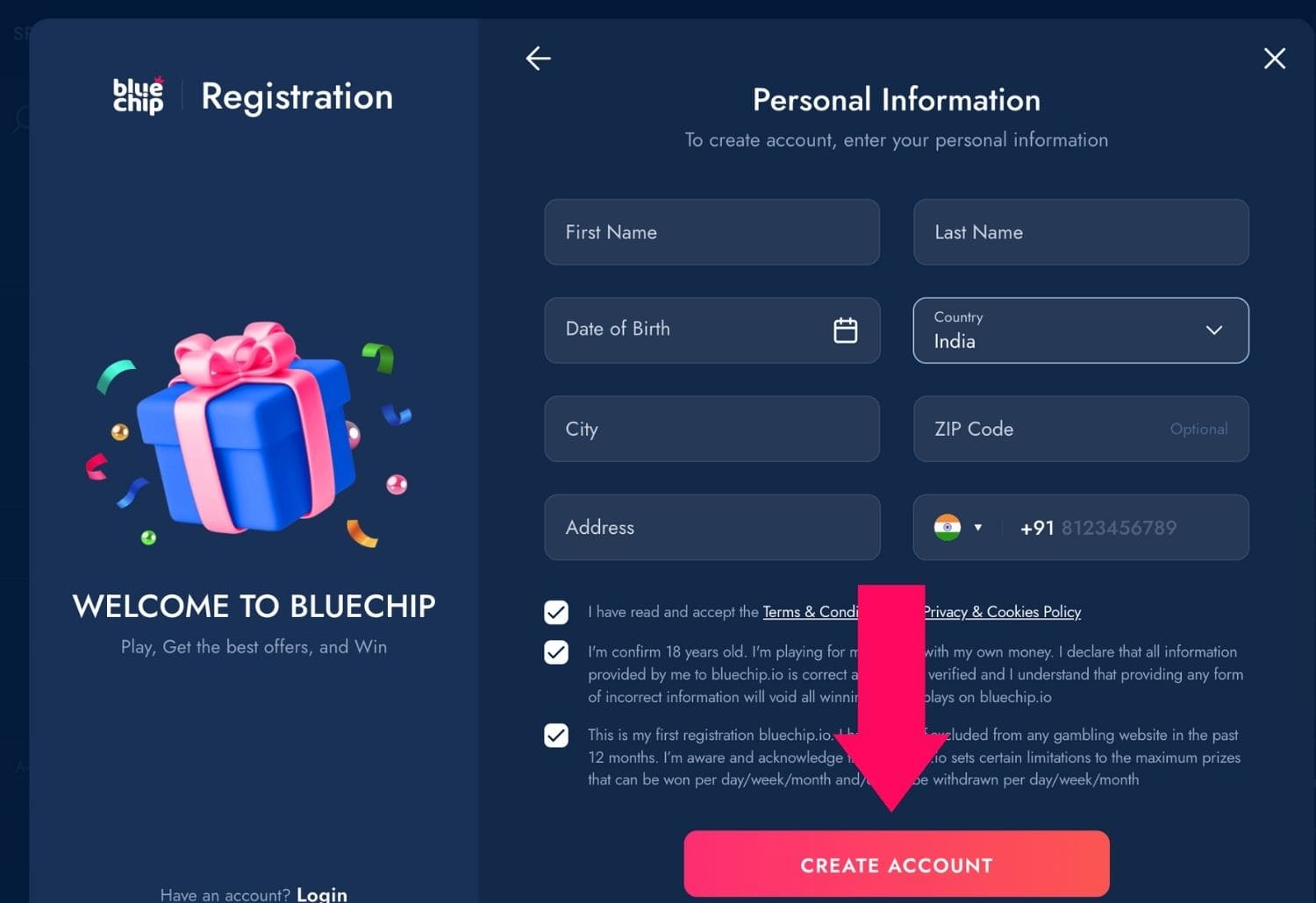 Bluechip Casino India personal information instruction for newcomers