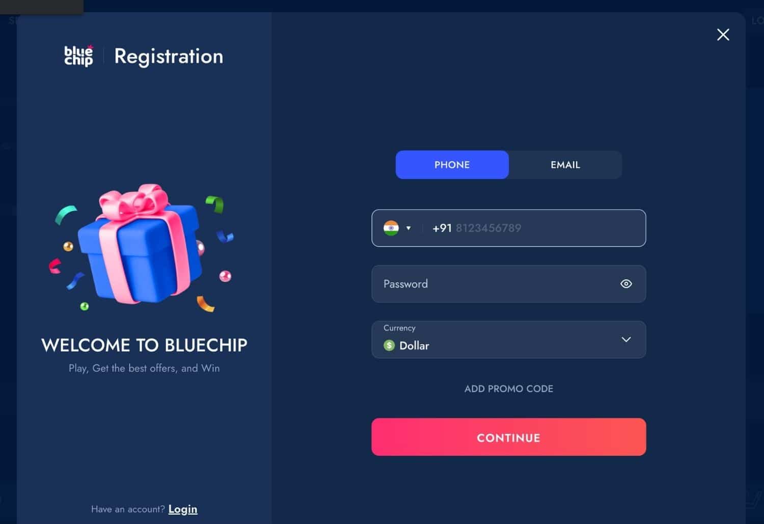 Bluechip Casino India registration form review